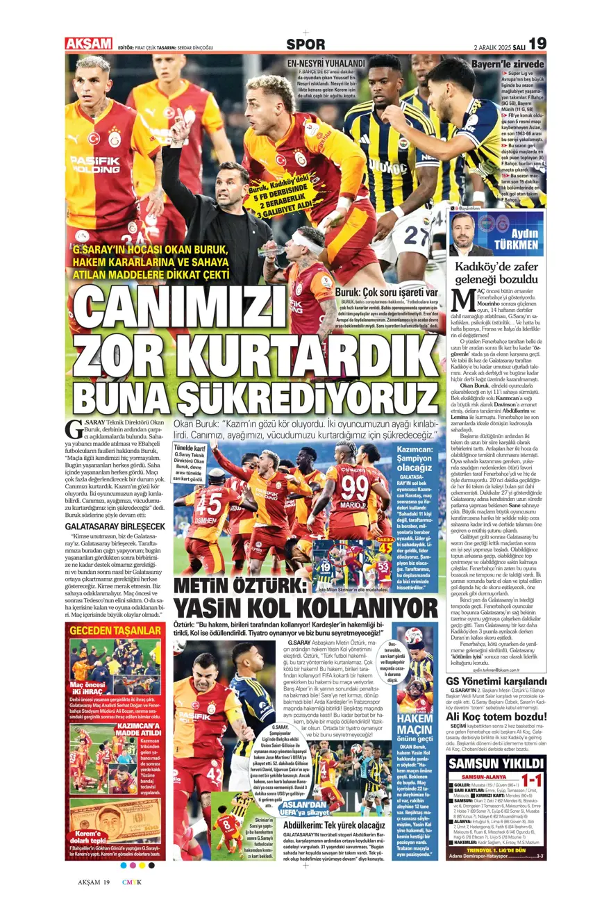 "Aslan salladı, Kanarya yıkılmadı" (2 Aralık 2025 spor manşetleri) 1