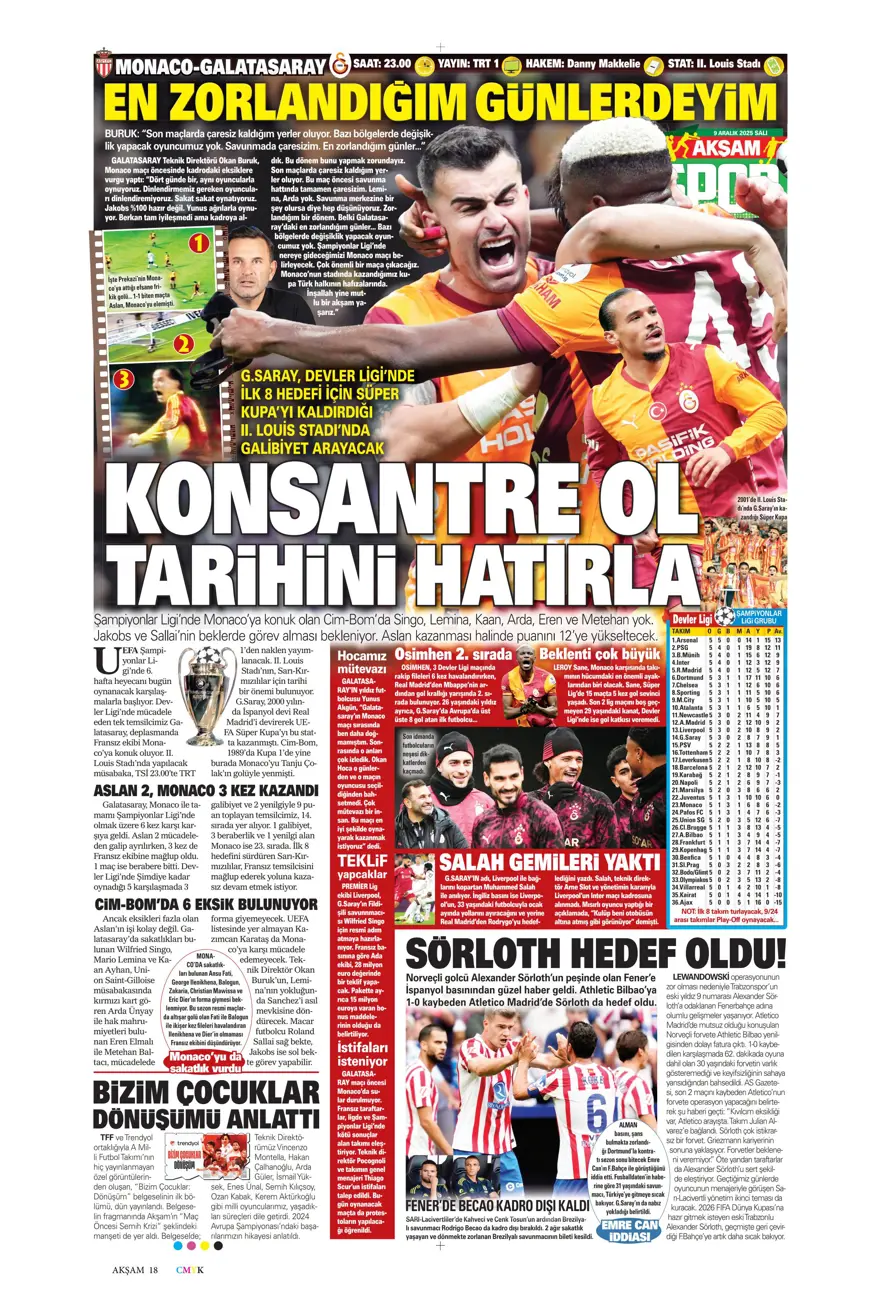 "Tedesco'nun başını rotasyon yaktı" (9 Aralık 2025 spor manşetleri) 1