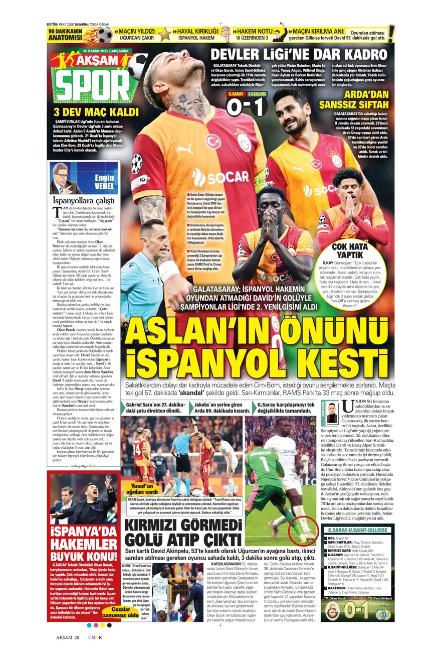 "Aslan fırsat tepti" (26 Kasım 2025 spor manşetleri) 34