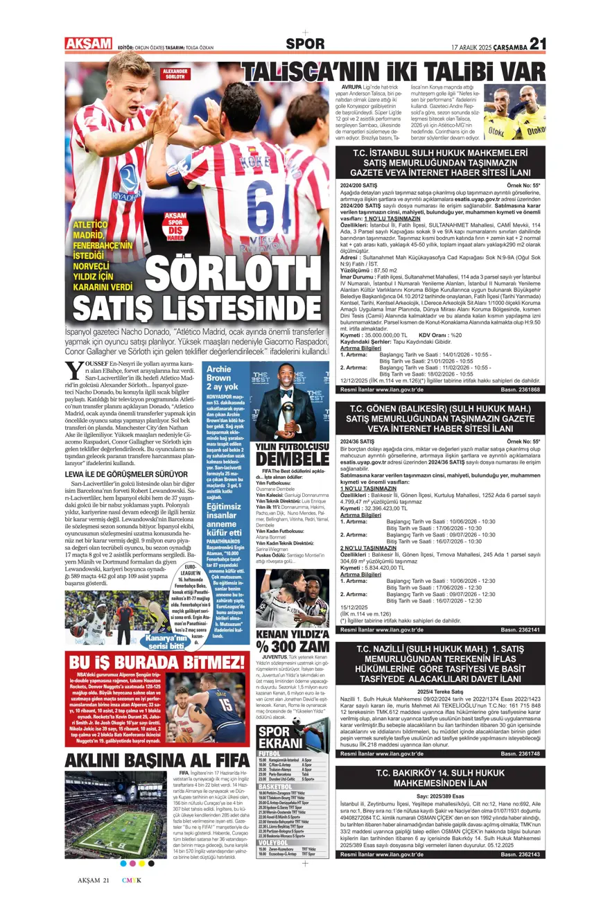 "Lemina'nın veliahtı Dennis" (17 Aralık 2025 spor manşetleri) 2