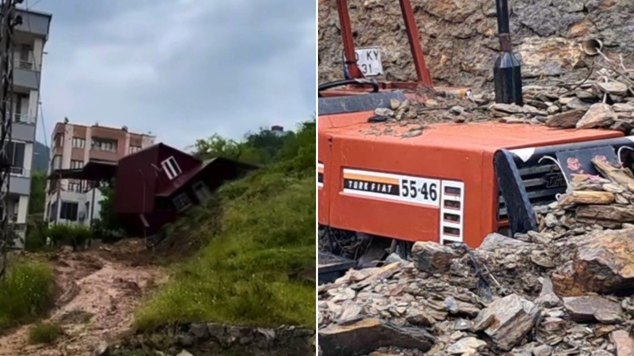 Toprak kaydı, prefabrik ev devrildi, traktör göçük altında kaldı