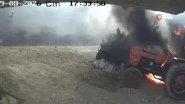 Park halindeki traktör kendi kendine çalışıp alev aldı