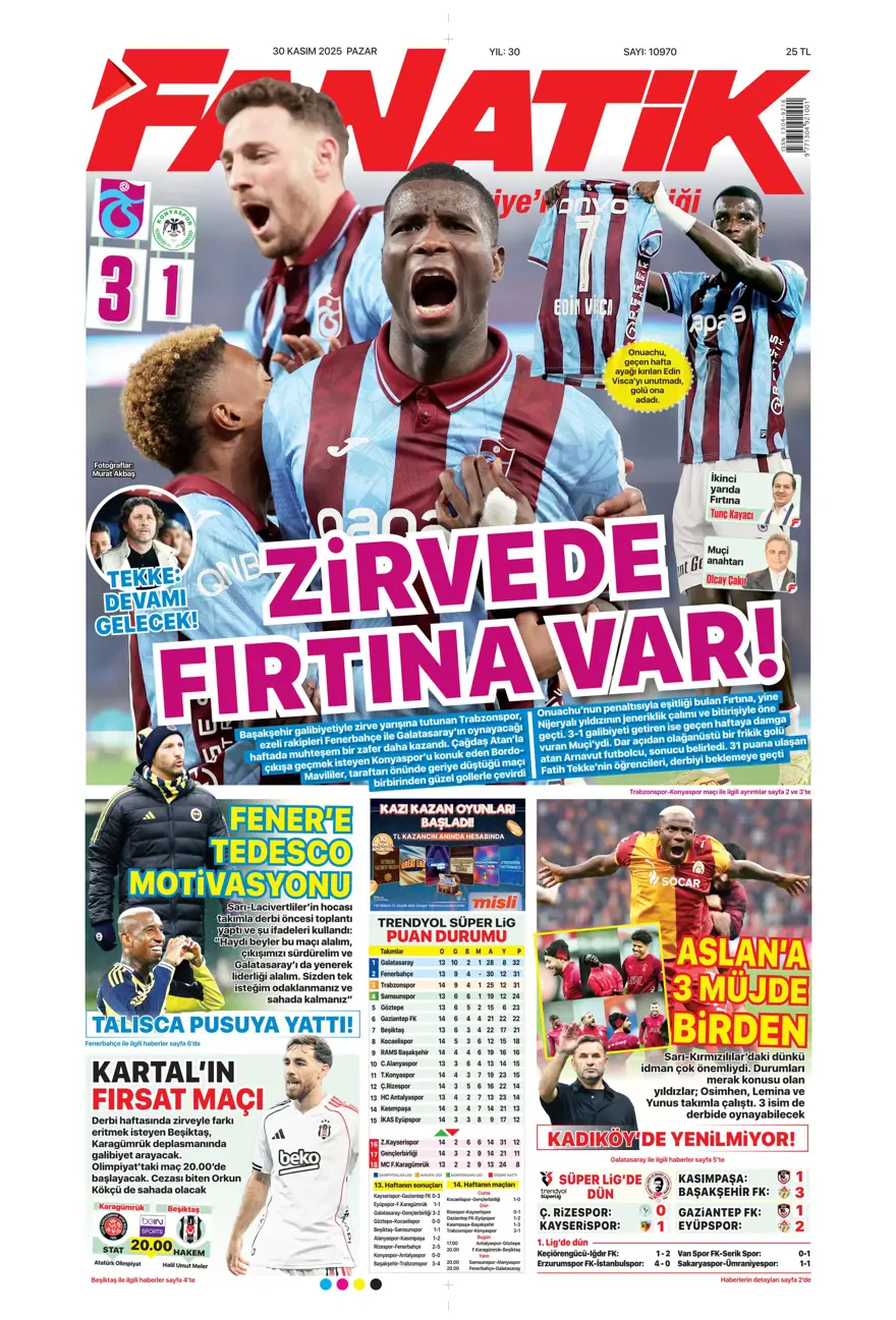 "Zirvede fırtına" (30 Kasım 2025 spor manşetleri) 