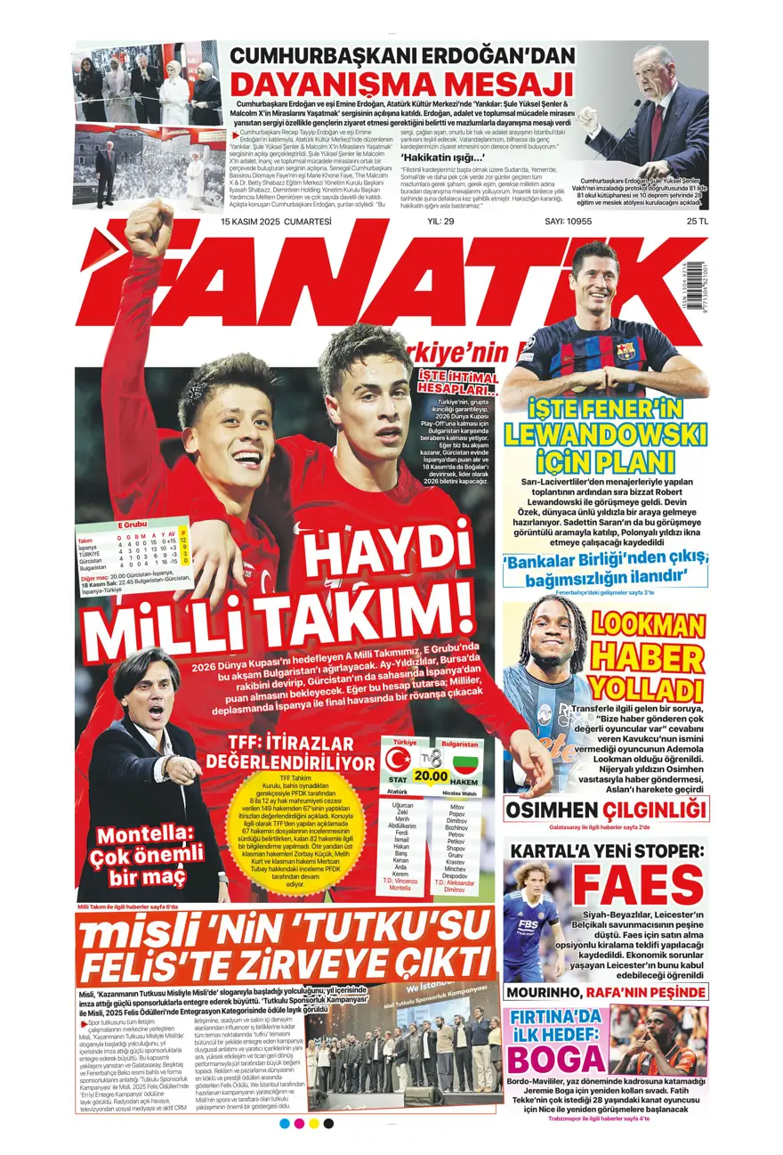 "Parola zafer" (15 Kasım 2025 spor manşetleri) 1