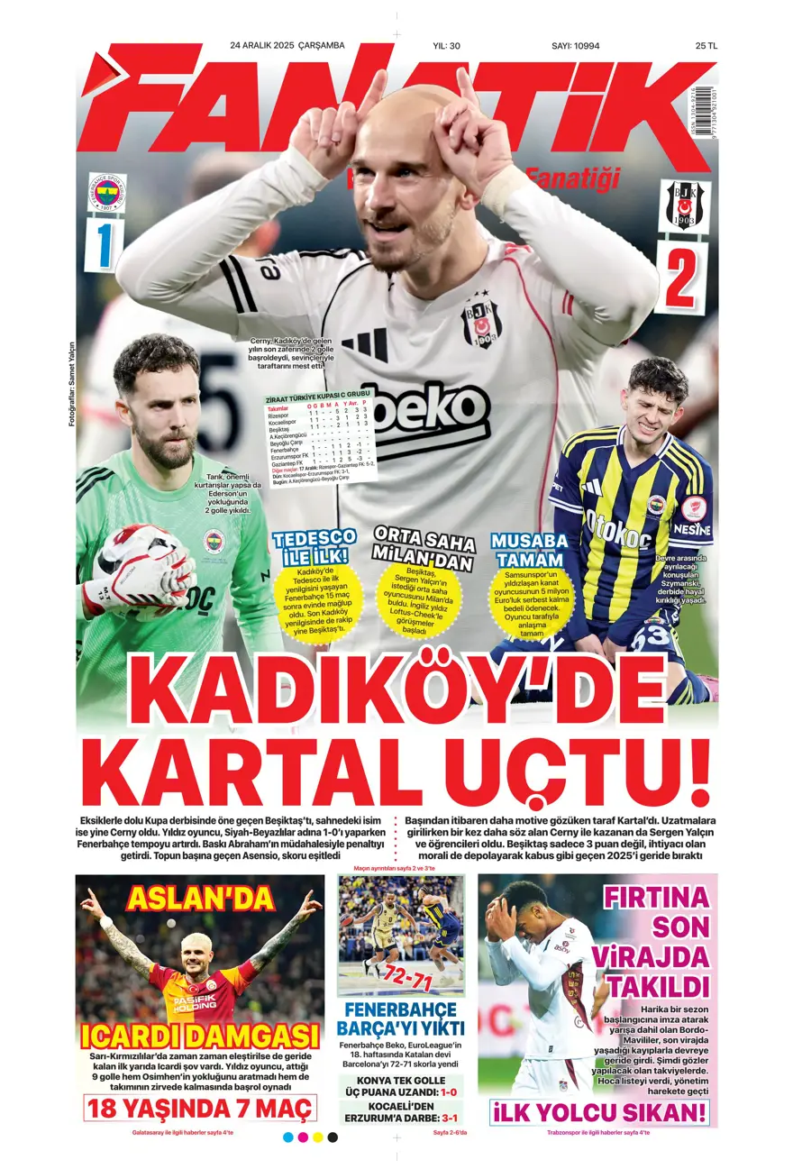 "Kadıköy'de Cerny pençesi" (24 Aralık spor manşetleri) 3 "Kadıköy'de Cerny pençesi" (24 Aralık spor manşetleri) 3