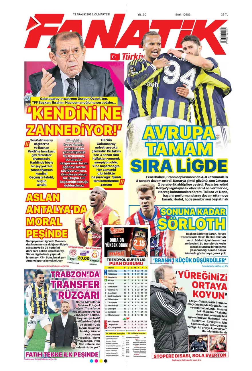 "Avrupa tamam, sıra ligde" (13 Aralık 2025 spor manşetleri) 