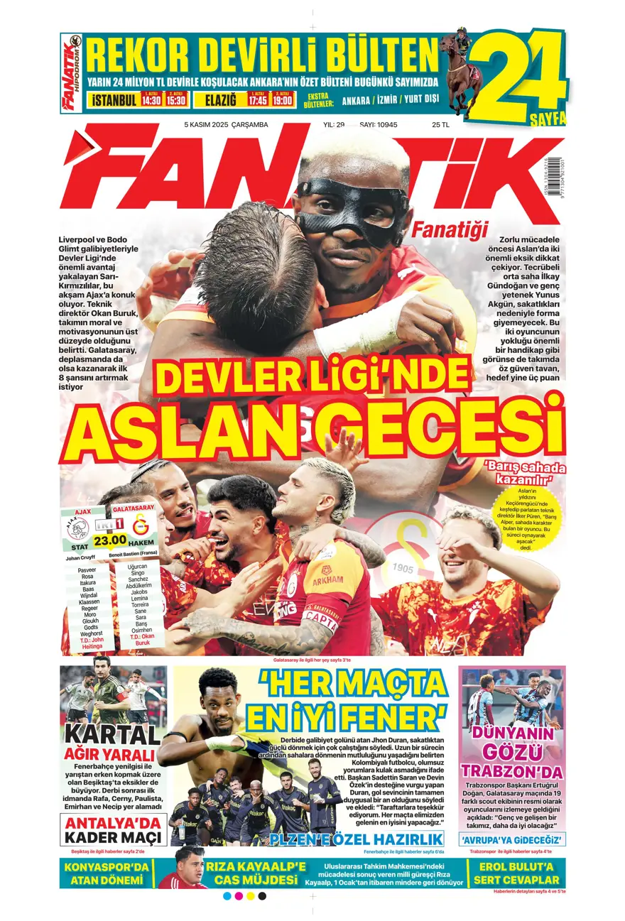 "Devler Ligi'nde Aslan gecesi" (5 Kasım 2025 spor manşetleri) 5 "Devler Ligi'nde Aslan gecesi" (5 Kasım 2025 spor manşetleri) 5