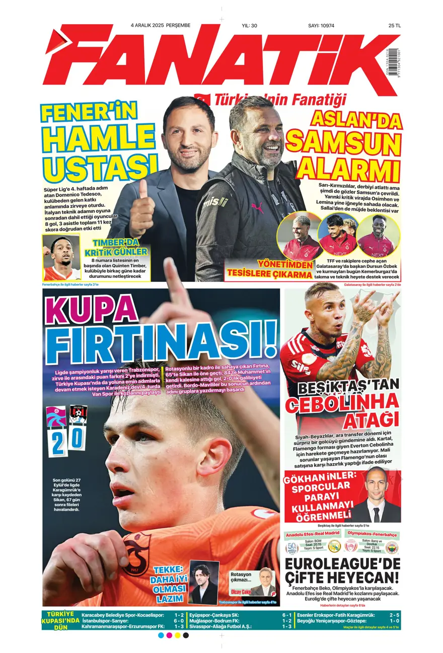 "Kupada da fırtına gibi" (4 Aralık 2025 spor manşetleri) 