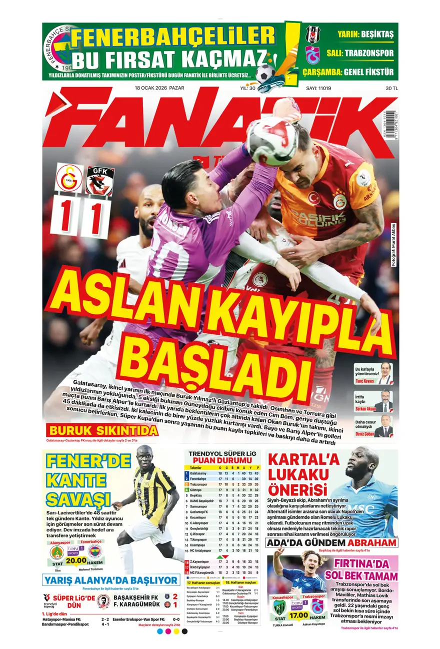 "Yetiş Osimhen" (18 Ocak 2026 spor manşetleri) 1