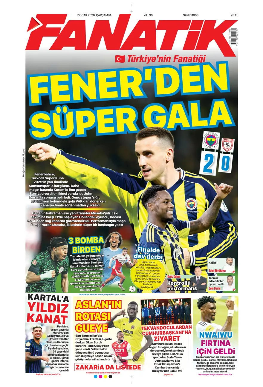 Fenerbahçe'den süper gala (7 Ocak 2026 spor manşetleri) Fenerbahçe'den süper gala (7 Ocak 2026 spor manşetleri)