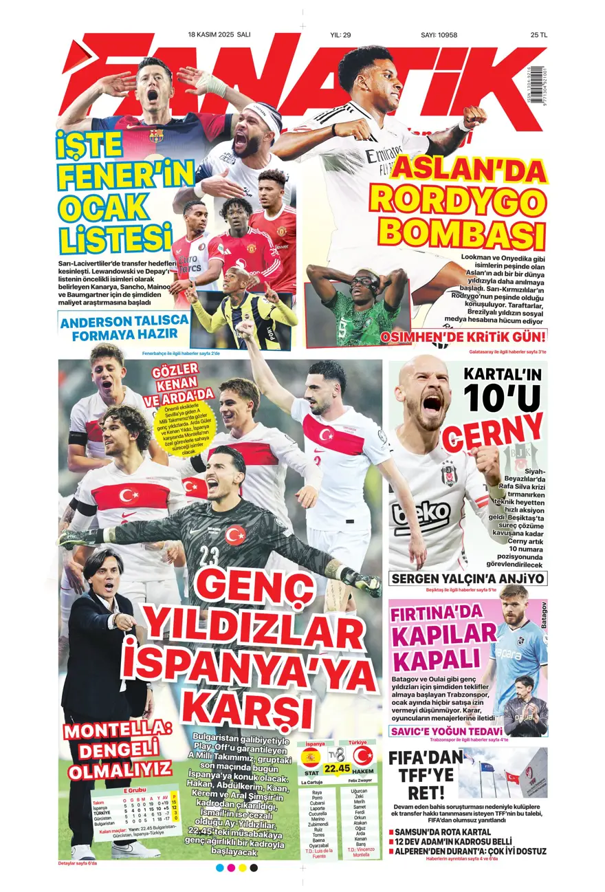 "Fenerbahçe'de Ocak operasyonu" (18 Kasım 2025 spor manşetleri) 1