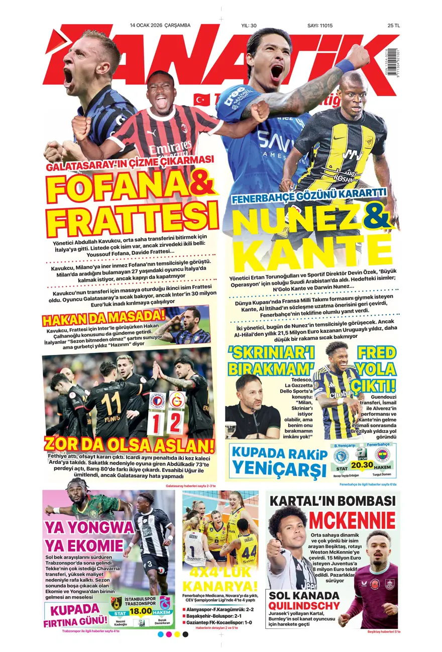 "Fenerbahçe'de Kante haftası" (14 Ocak 2026 spor manşetleri) 24