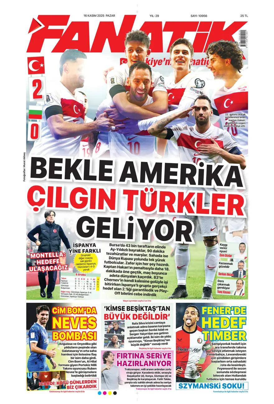 "Bekle bizi Amerika" (16 Kasım 2025 spor manşetleri) 