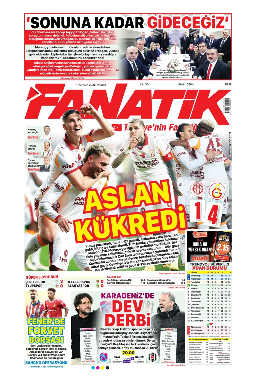 "Derbi ateşi" (14 Aralık 2025 spor manşetleri) 