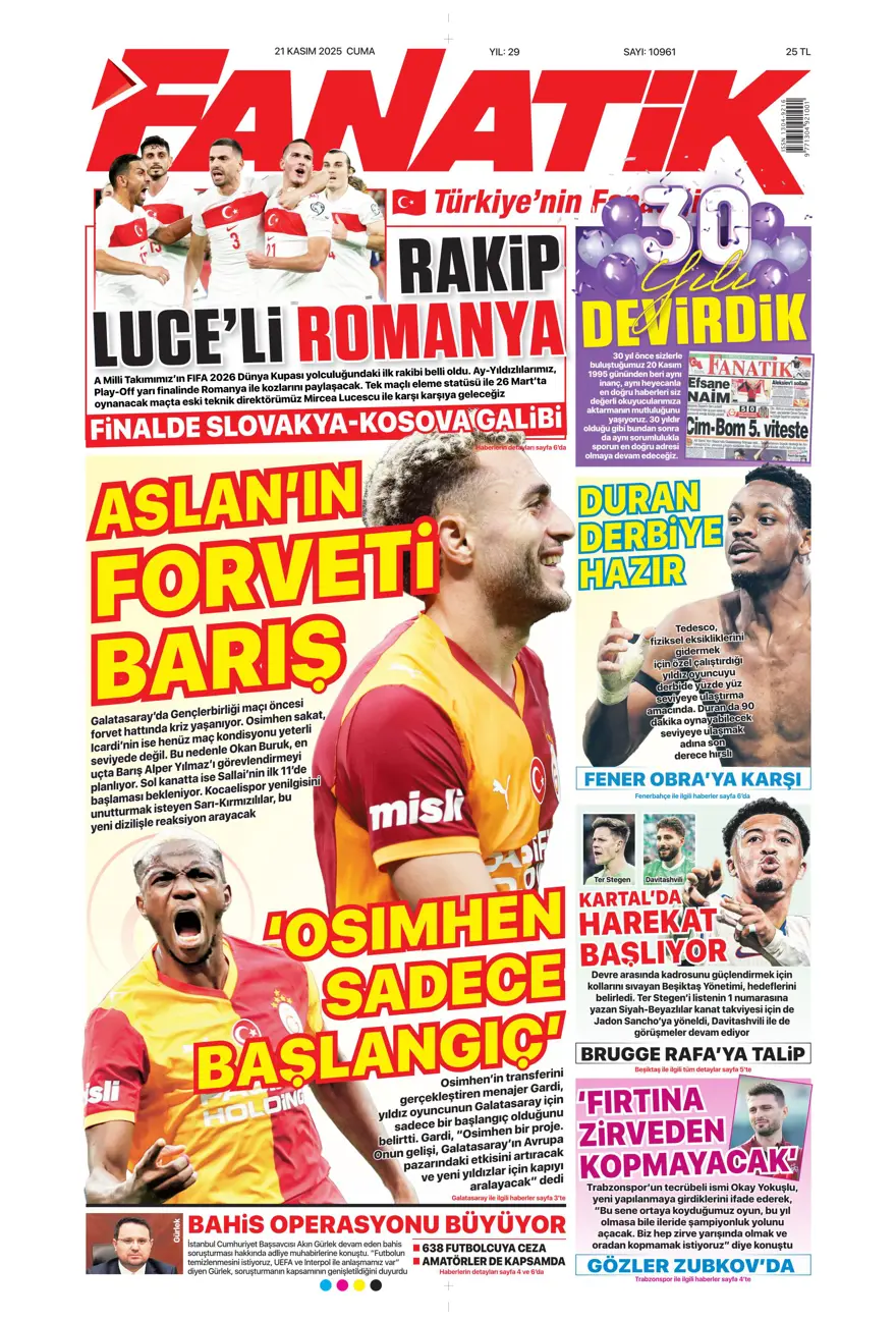 "Balkan turuyla Amerika'ya" (21 Kasım 2025 spor manşetleri) 21