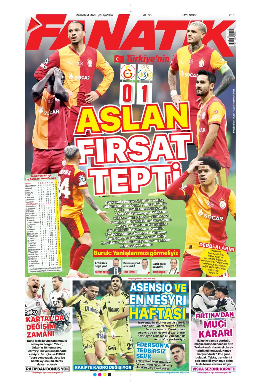 "Aslan fırsat tepti" (26 Kasım 2025 spor manşetleri) 