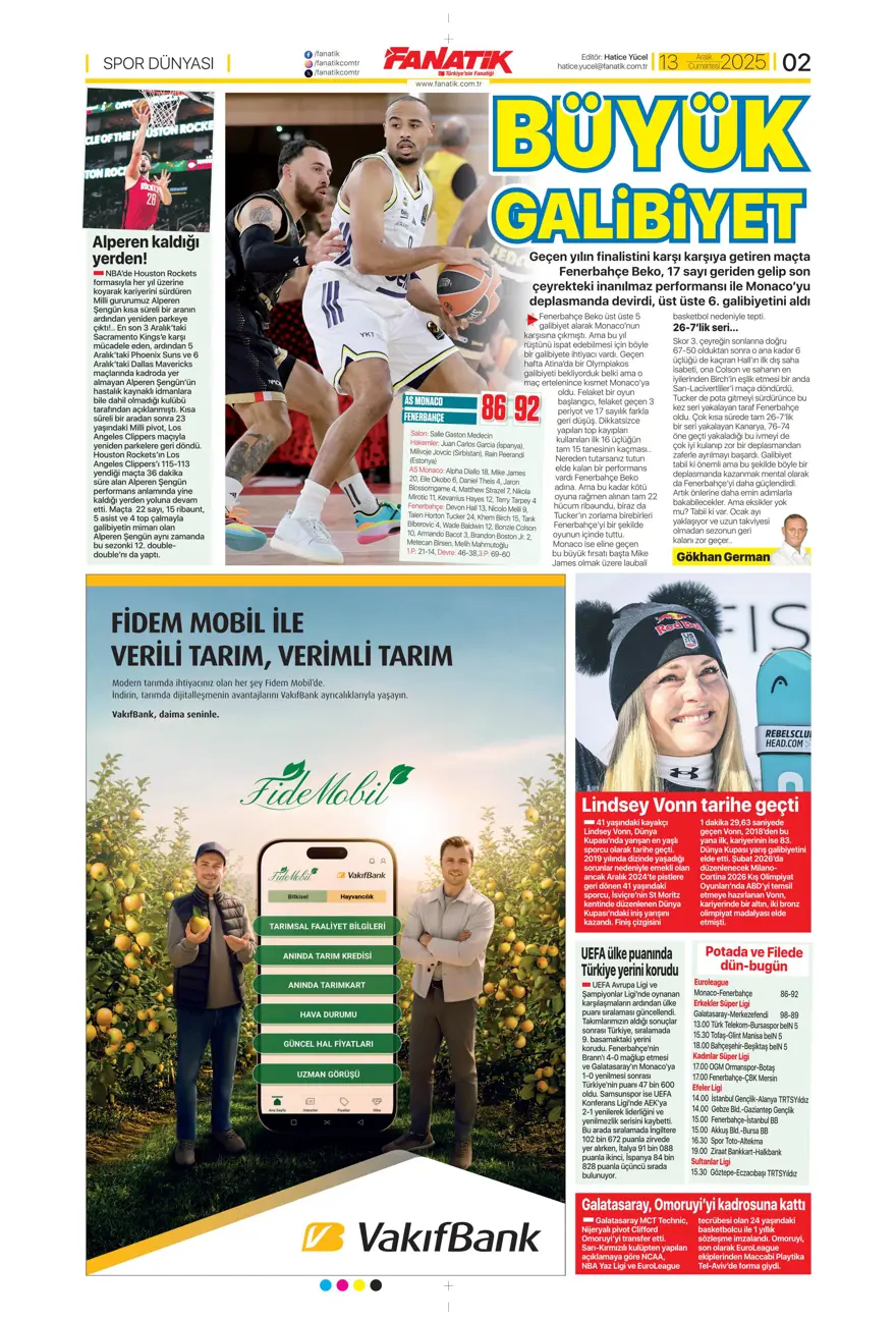 "Avrupa tamam, sıra ligde" (13 Aralık 2025 spor manşetleri) 20