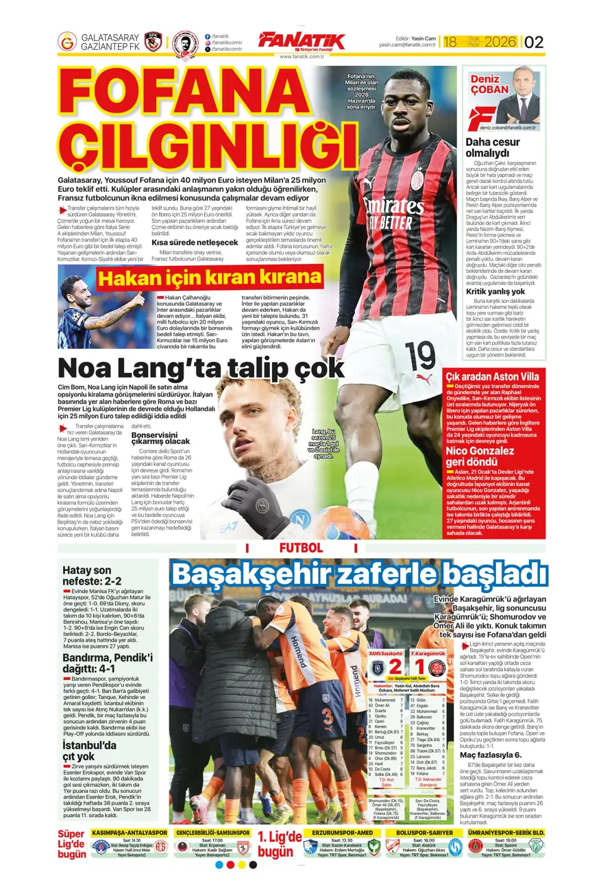 "Yetiş Osimhen" (18 Ocak 2026 spor manşetleri) 22