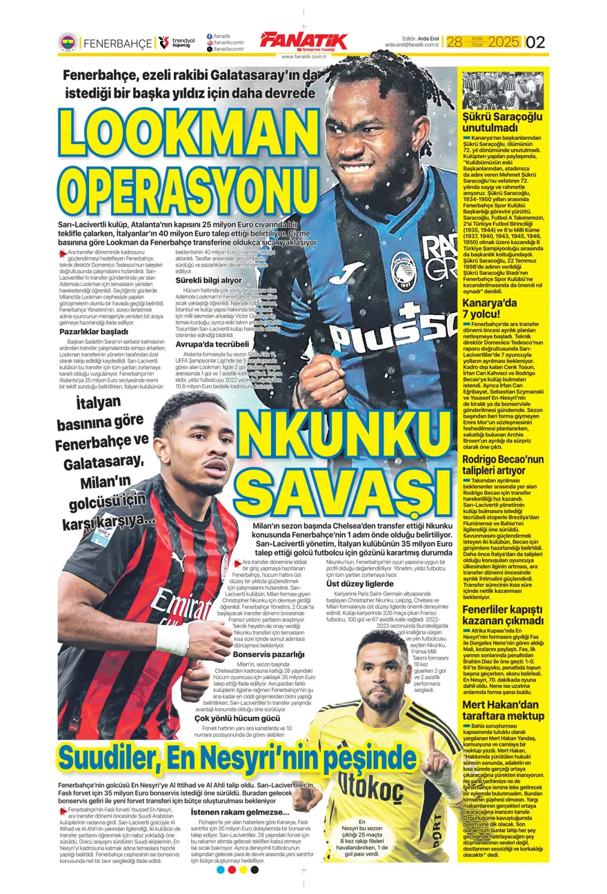 "Nkunku derbisi" (28 Aralık 2025 spor manşetleri) 14