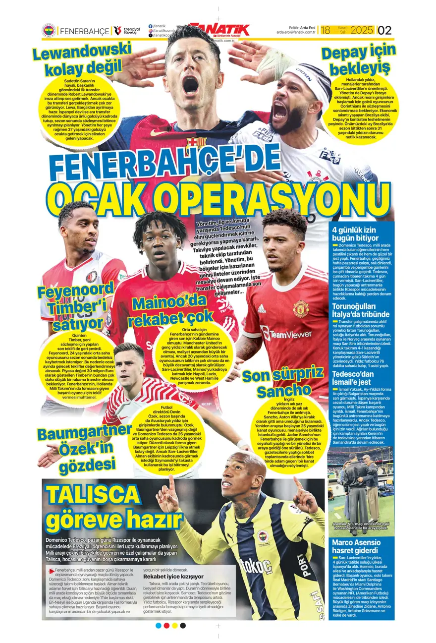 "Fenerbahçe'de Ocak operasyonu" (18 Kasım 2025 spor manşetleri) 