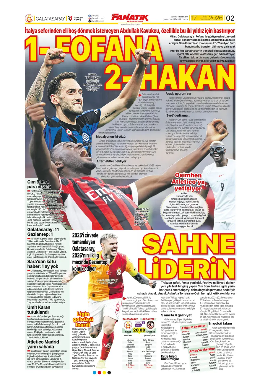 "Akıl oyunları" (17 Ocak 2026 spor manşetleri) 20