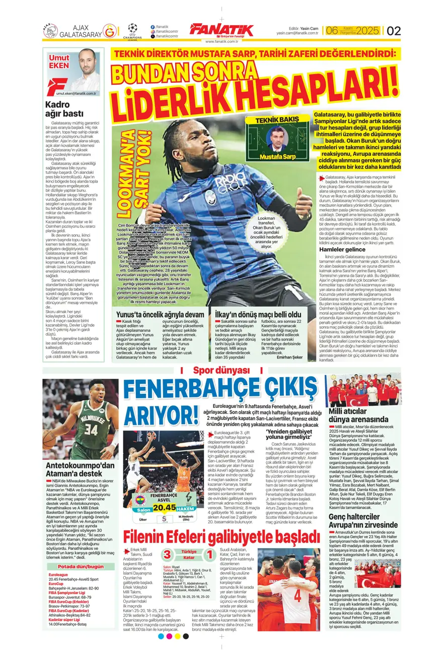 "Devler Ligi'nin Aslan'ı" (6 Kasım 2025 spor manşetleri) 20