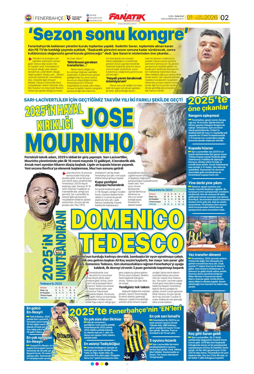 "Kiralık çözümü Ugarte" (1 Ocak 2026 spor manşetleri)
 15