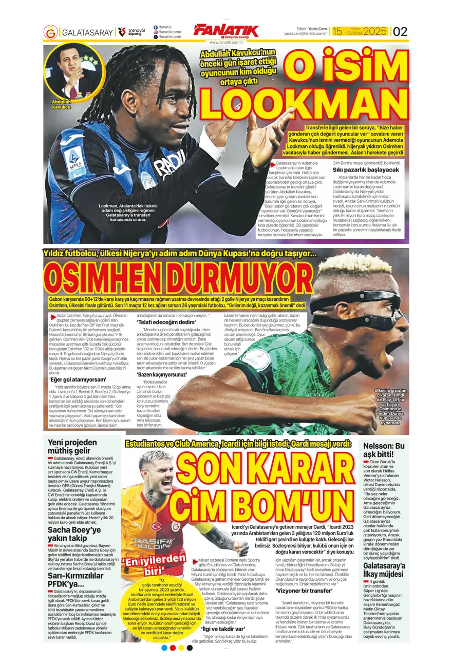 "Parola zafer" (15 Kasım 2025 spor manşetleri) 22