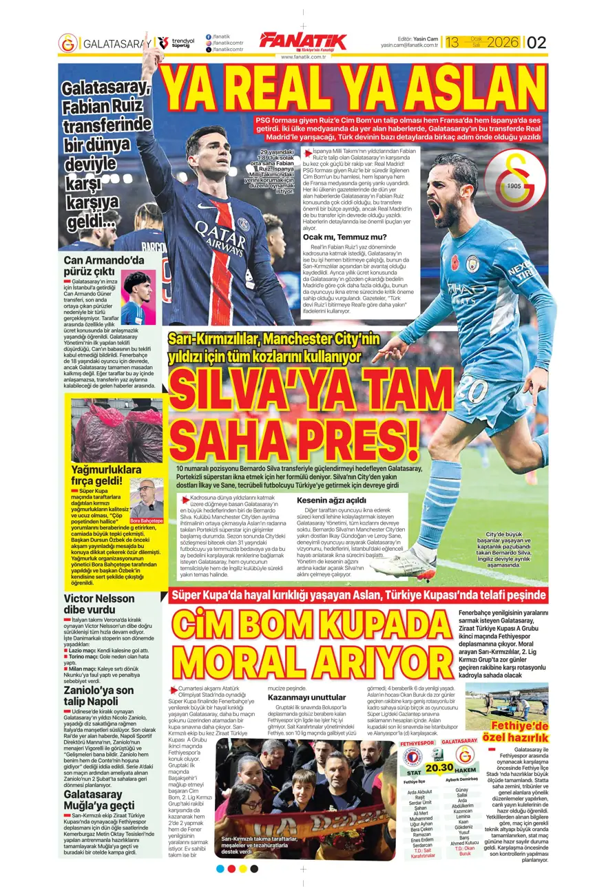 "Aslan'a Ruiz'de dev rakip" (13 Ocak 2026 spor manşetleri) 