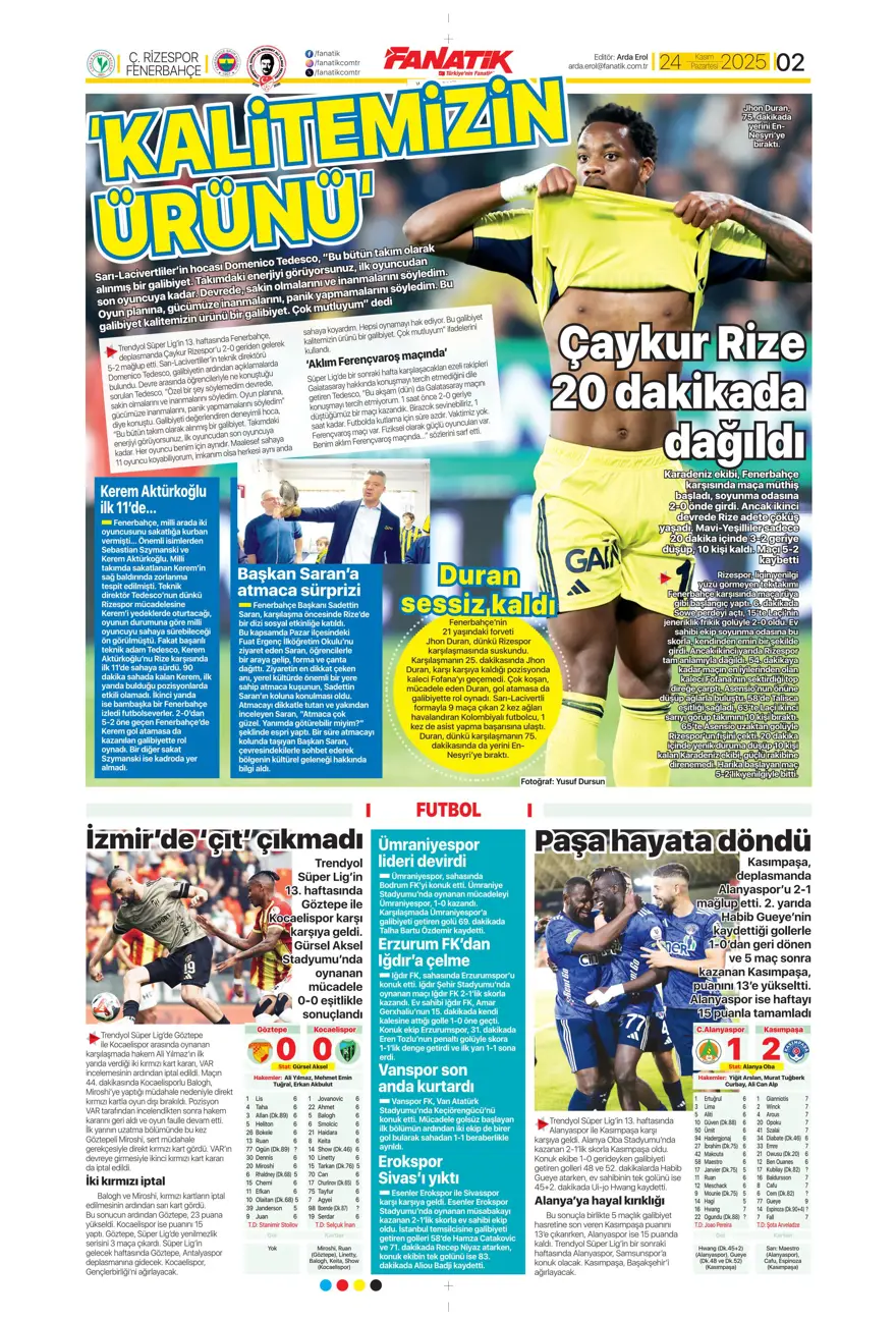 "5'inci viteste derbiye" (24 Kasım 2025 spor manşetleri) 19