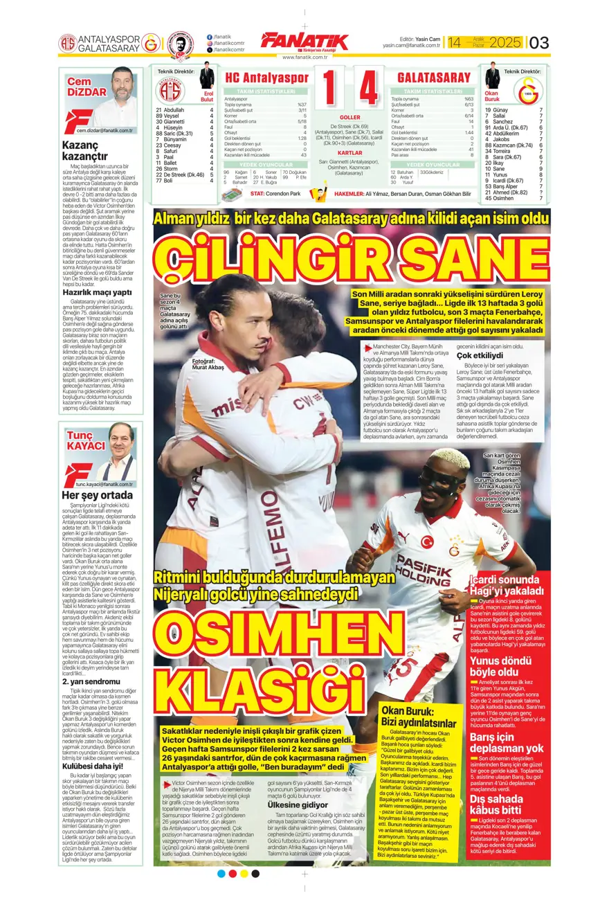 "Derbi ateşi" (14 Aralık 2025 spor manşetleri) 22