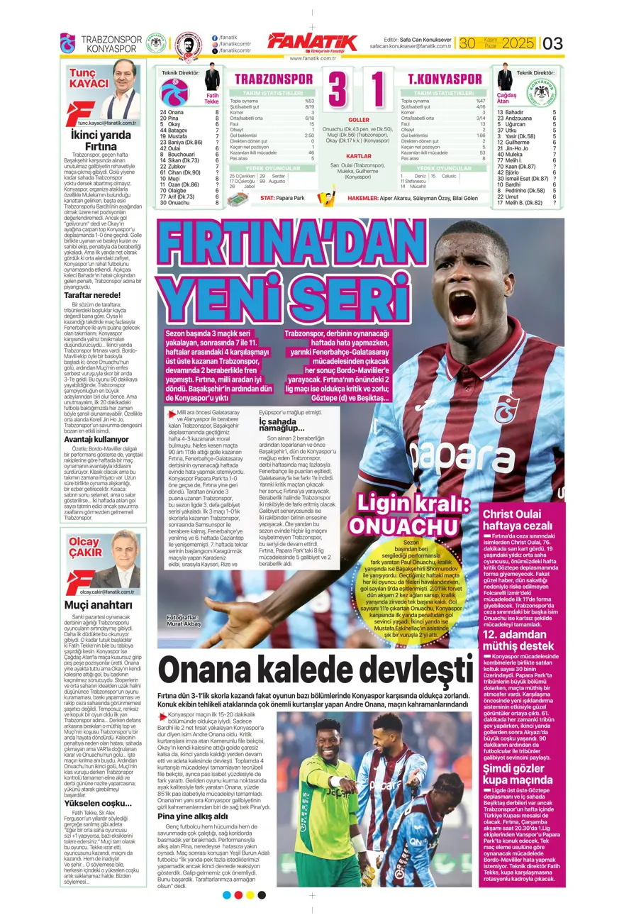 "Zirvede fırtına" (30 Kasım 2025 spor manşetleri) 21