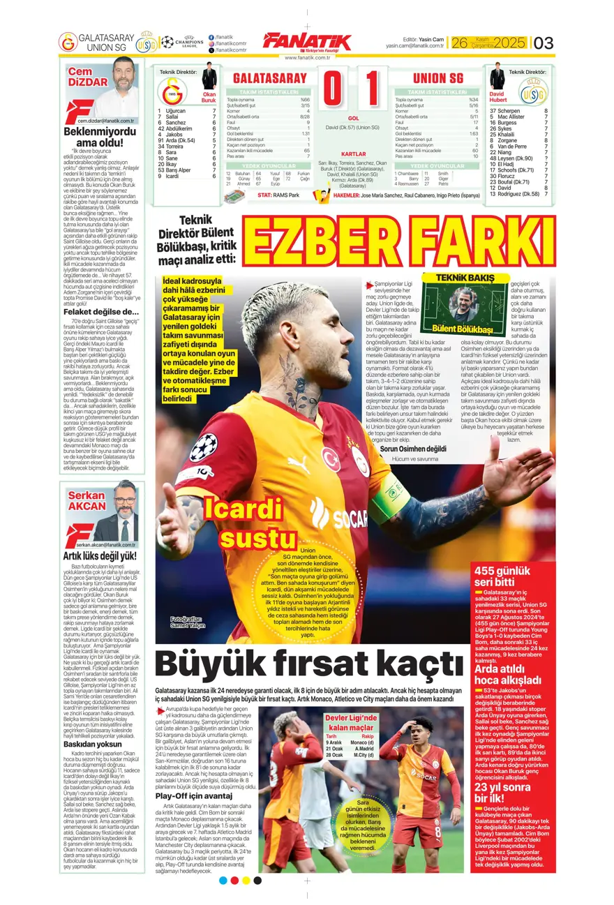 "Aslan fırsat tepti" (26 Kasım 2025 spor manşetleri) 1