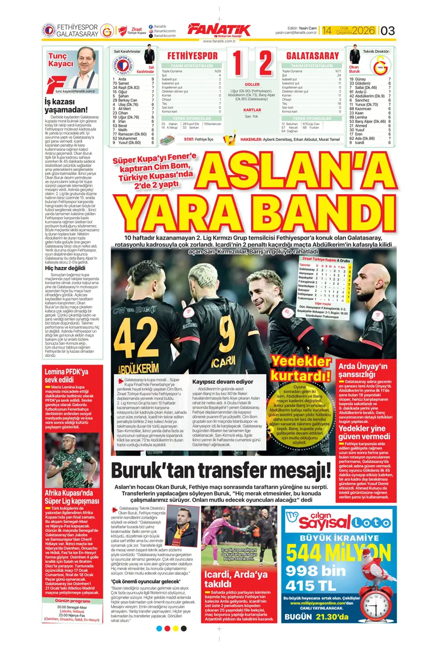 "Fenerbahçe'de Kante haftası" (14 Ocak 2026 spor manşetleri) 21