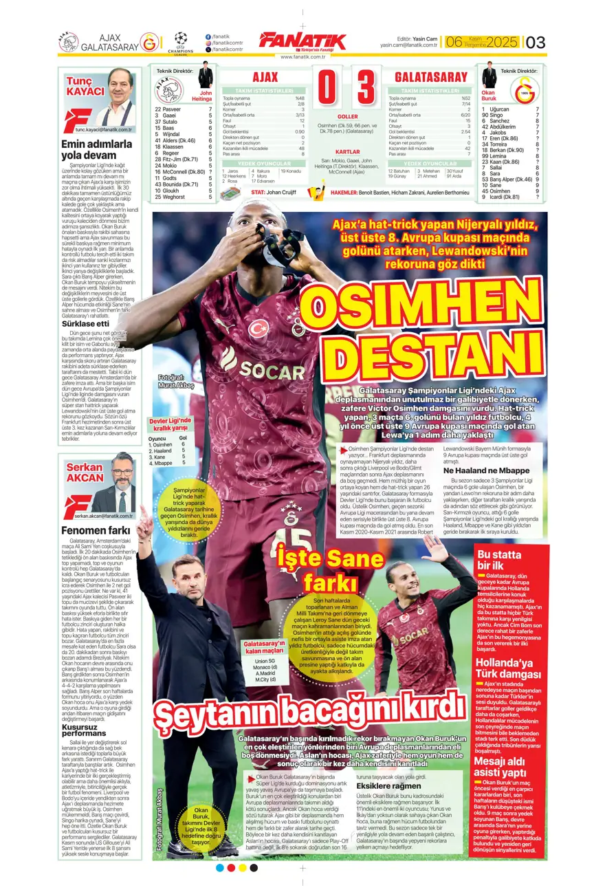 "Devler Ligi'nin Aslan'ı" (6 Kasım 2025 spor manşetleri) 24