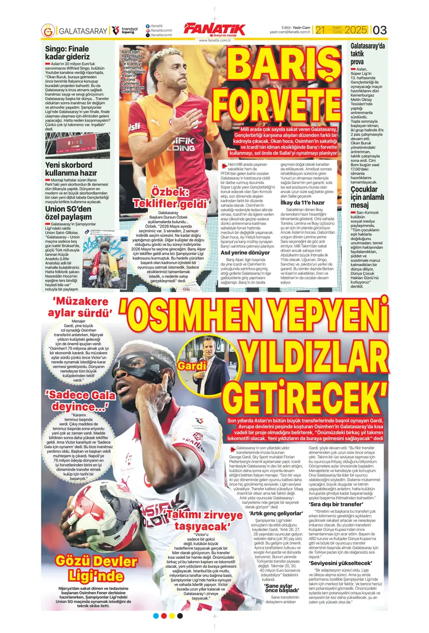 "Balkan turuyla Amerika'ya" (21 Kasım 2025 spor manşetleri) 17