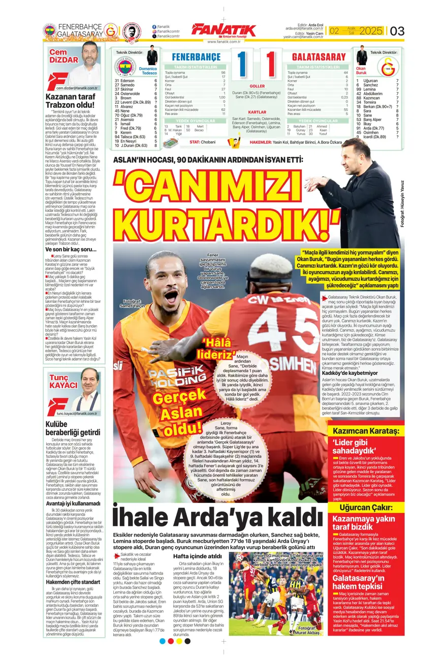 "Aslan salladı, Kanarya yıkılmadı" (2 Aralık 2025 spor manşetleri) 4