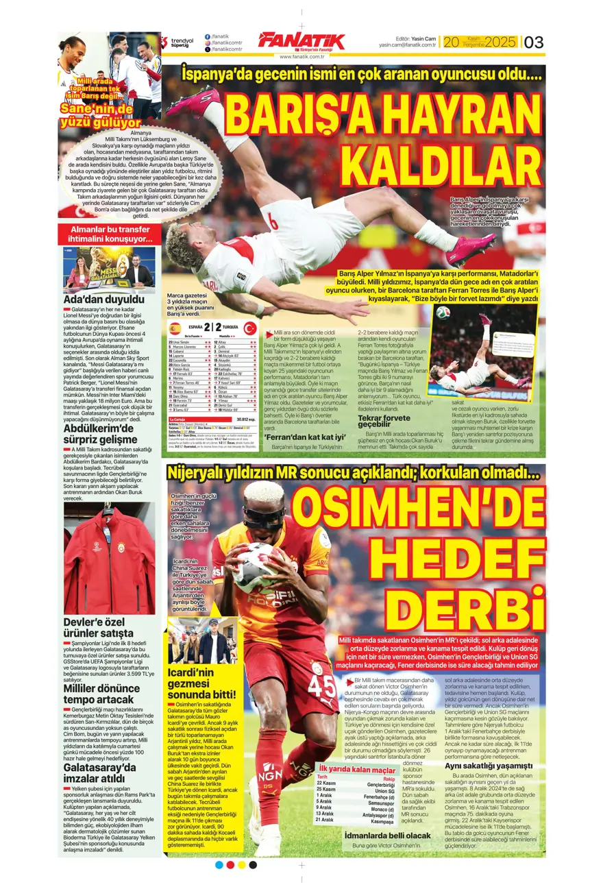 "O bilet gelecek" (20 Kasım 2025 spor manşetleri) 25