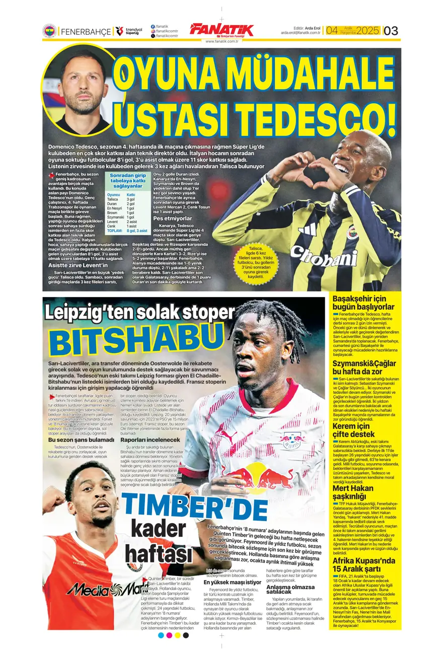 "Kupada da fırtına gibi" (4 Aralık 2025 spor manşetleri) 18