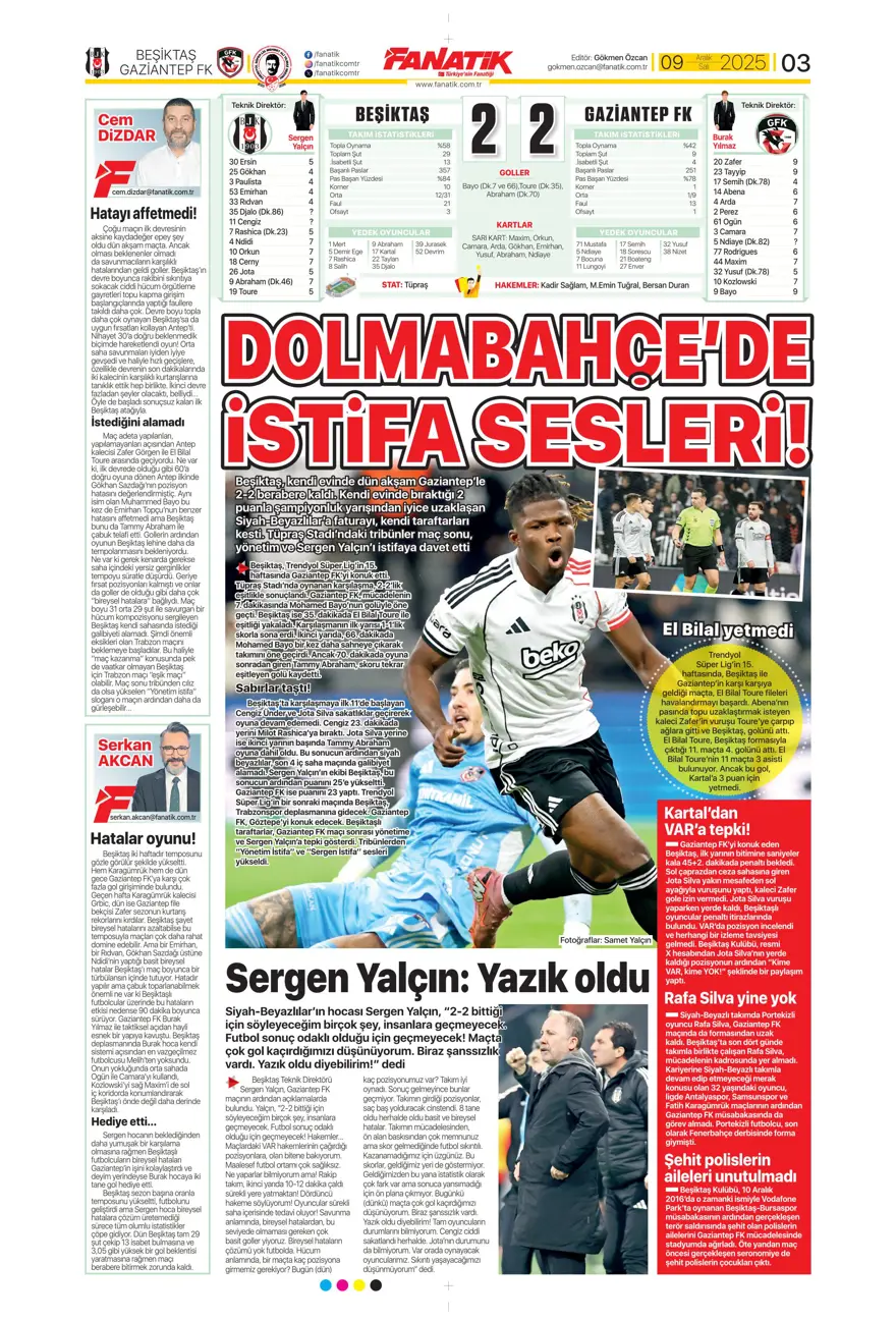 "Tedesco'nun başını rotasyon yaktı" (9 Aralık 2025 spor manşetleri) 3