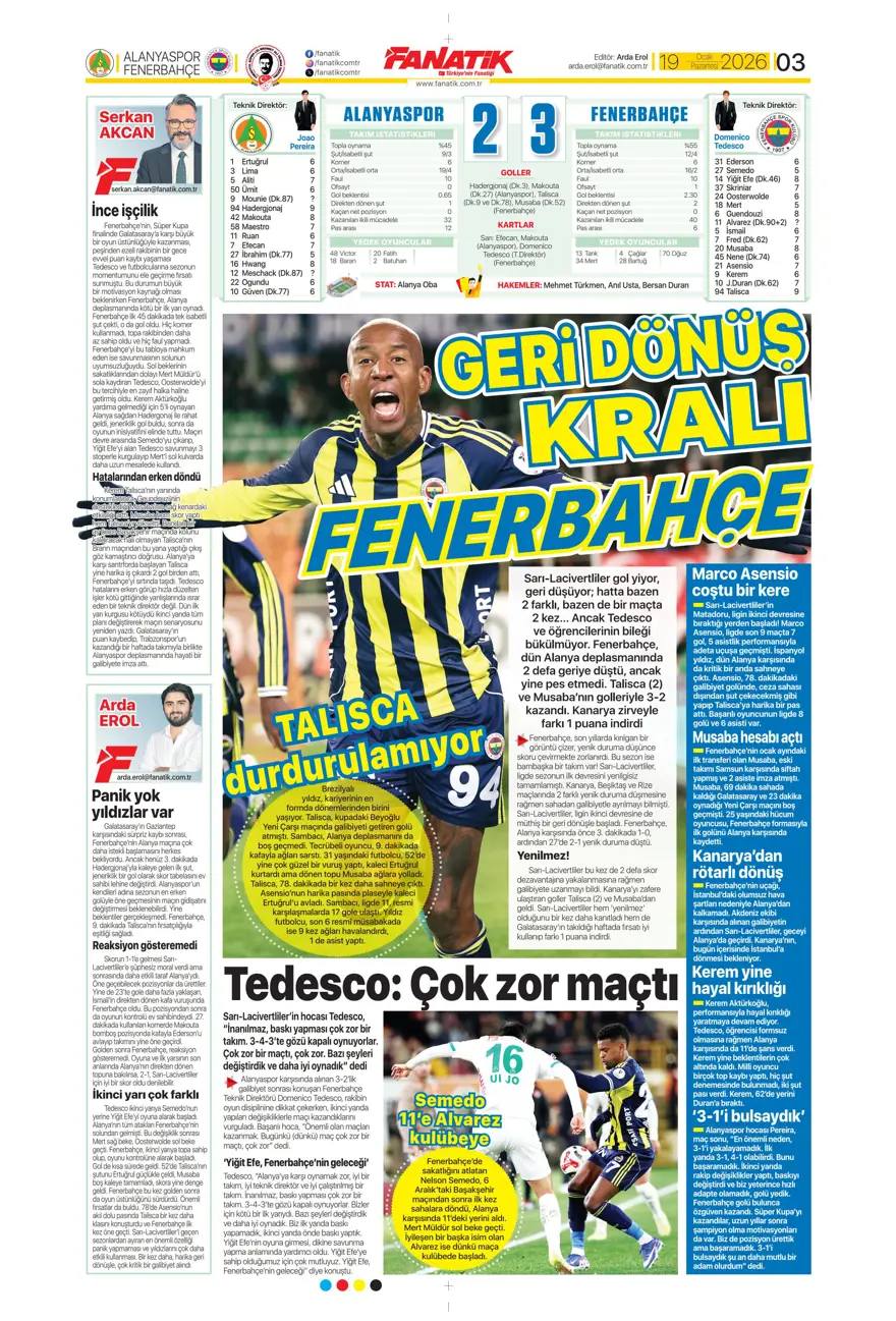 "Zirveye yürüyor" (19 Ocak 2026 spor manşetleri) 16