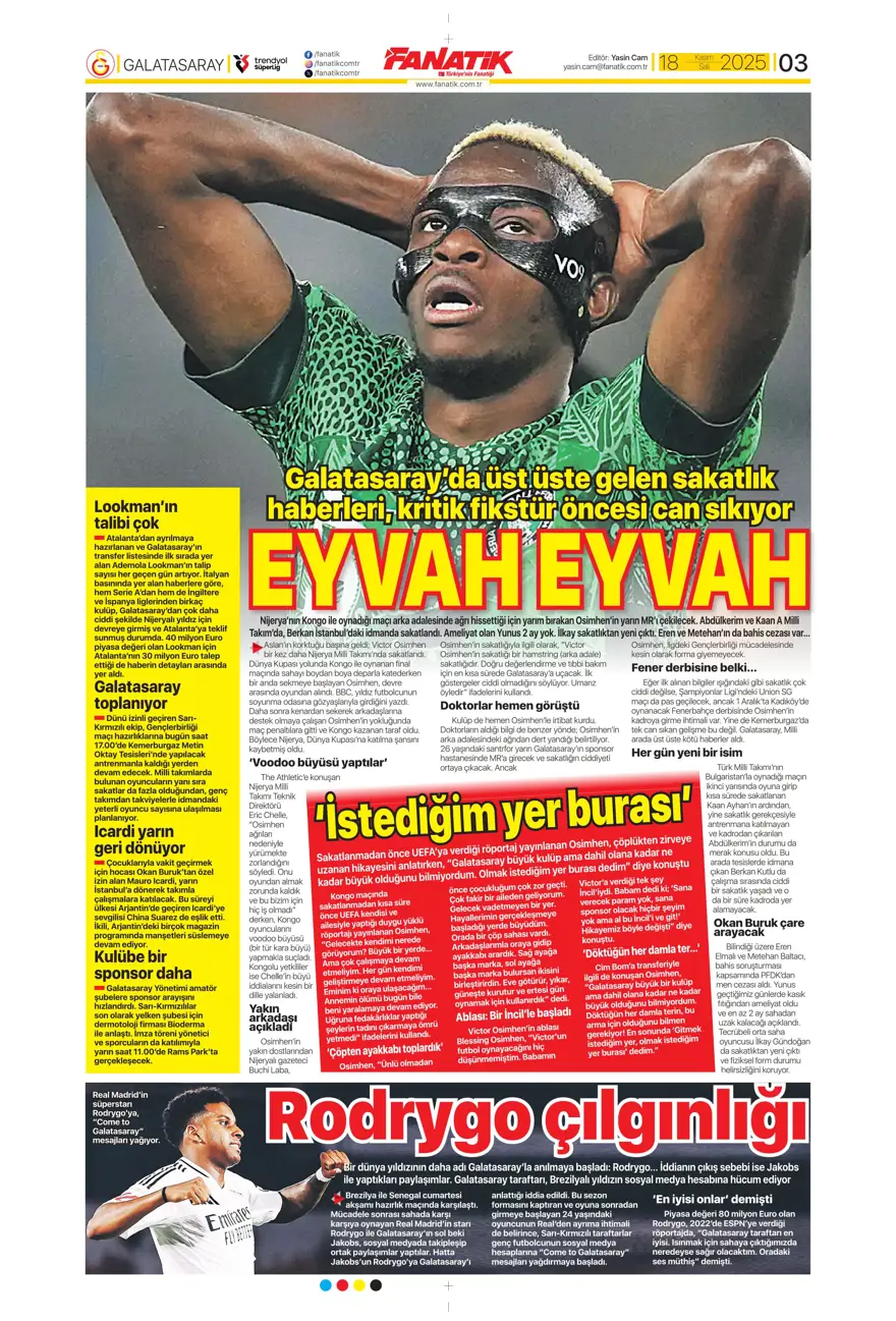 "Fenerbahçe'de Ocak operasyonu" (18 Kasım 2025 spor manşetleri) 2