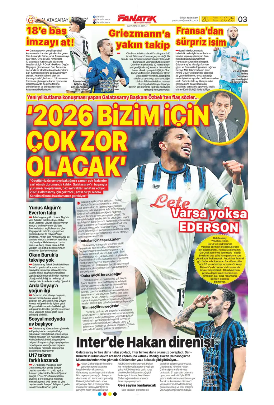 "Nkunku derbisi" (28 Aralık 2025 spor manşetleri) 19