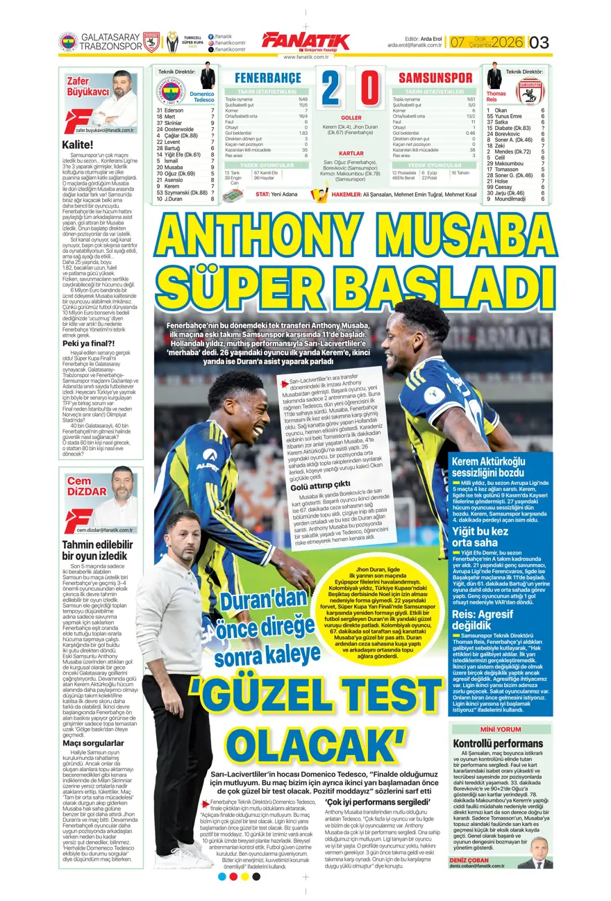 Fenerbahçe'den süper gala (7 Ocak 2026 spor manşetleri) 24 Fenerbahçe'den süper gala (7 Ocak 2026 spor manşetleri) 24