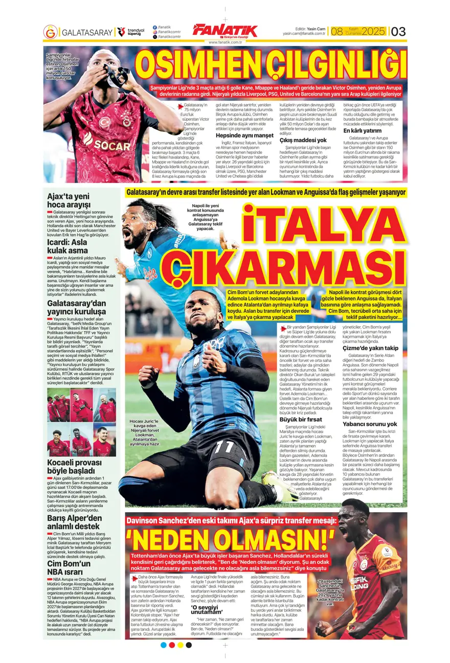 "Bahis ve şike depremi" (8 Kasım 2025 spor manşetleri) 18