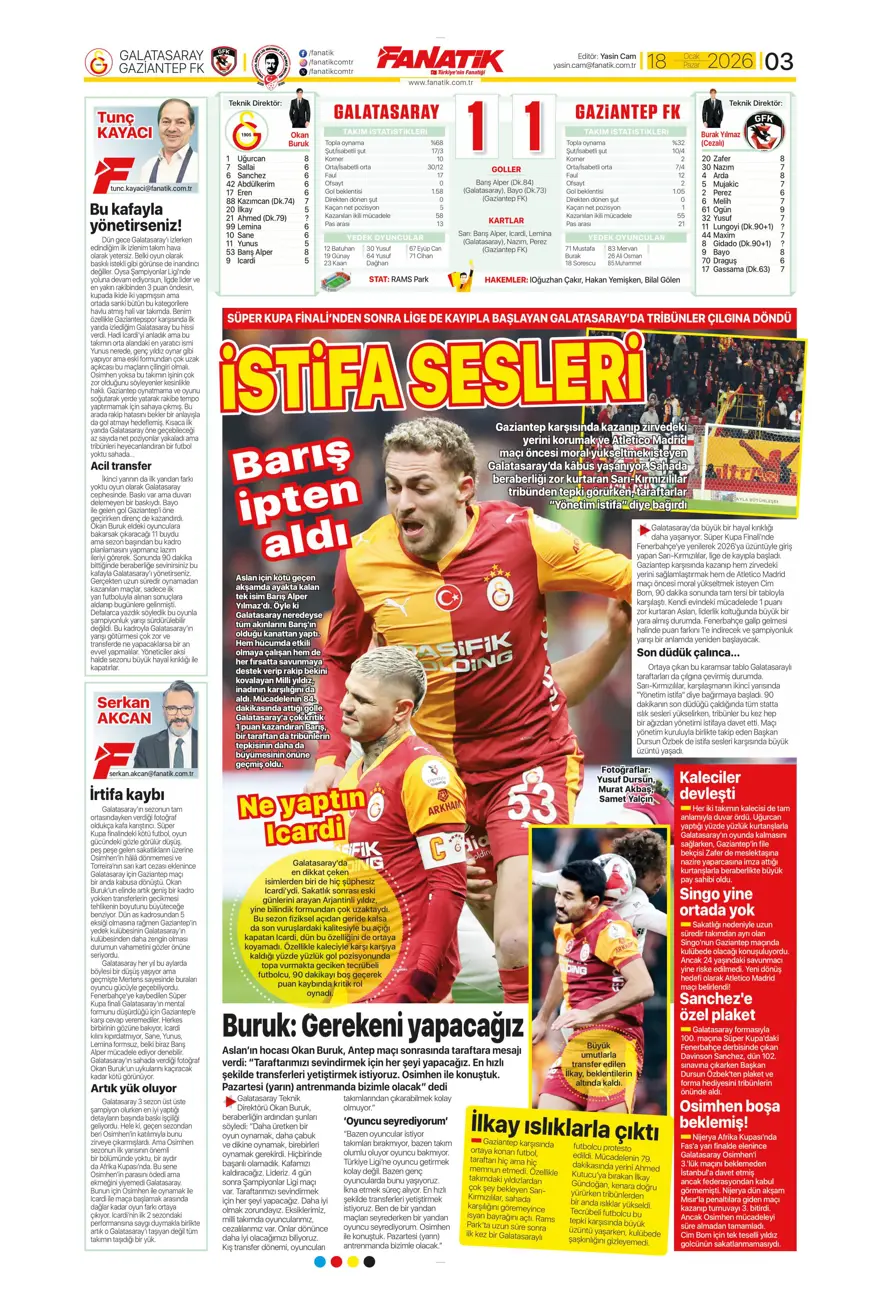 "Yetiş Osimhen" (18 Ocak 2026 spor manşetleri) 19