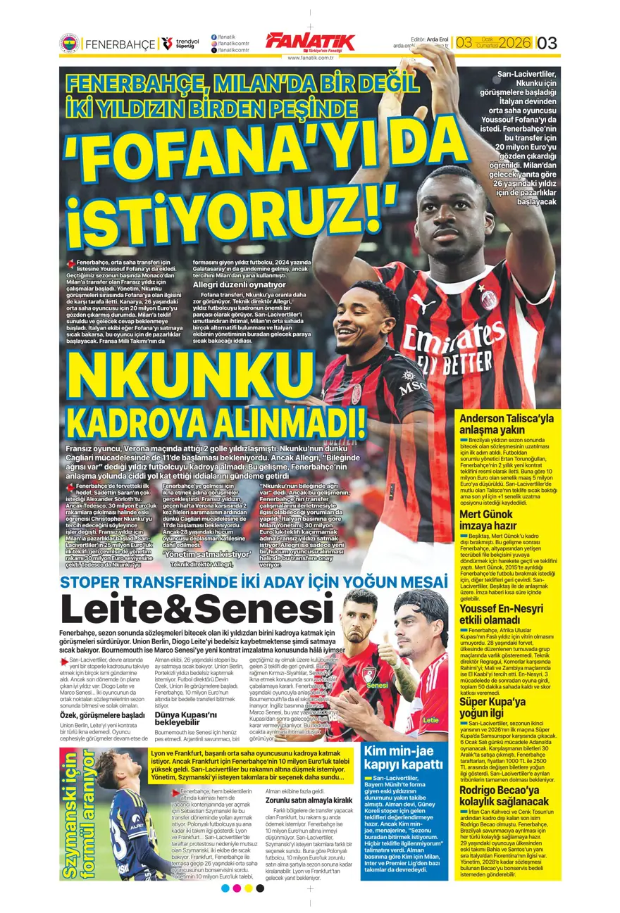 "Aslan'dan Salah teklifi" (3 Ocak 2026 spor manşetleri) 15