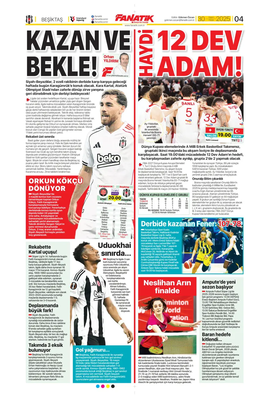 "Zirvede fırtına" (30 Kasım 2025 spor manşetleri) 25