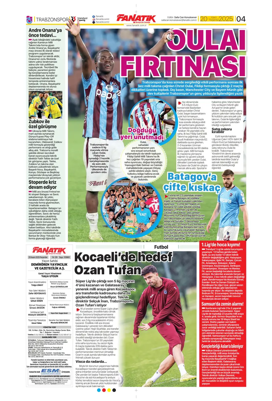 "O bilet gelecek" (20 Kasım 2025 spor manşetleri) 26