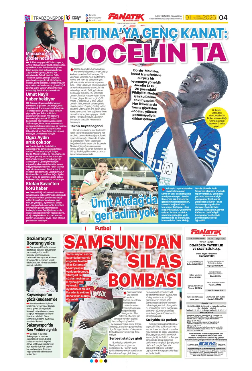 "Kiralık çözümü Ugarte" (1 Ocak 2026 spor manşetleri)
 19